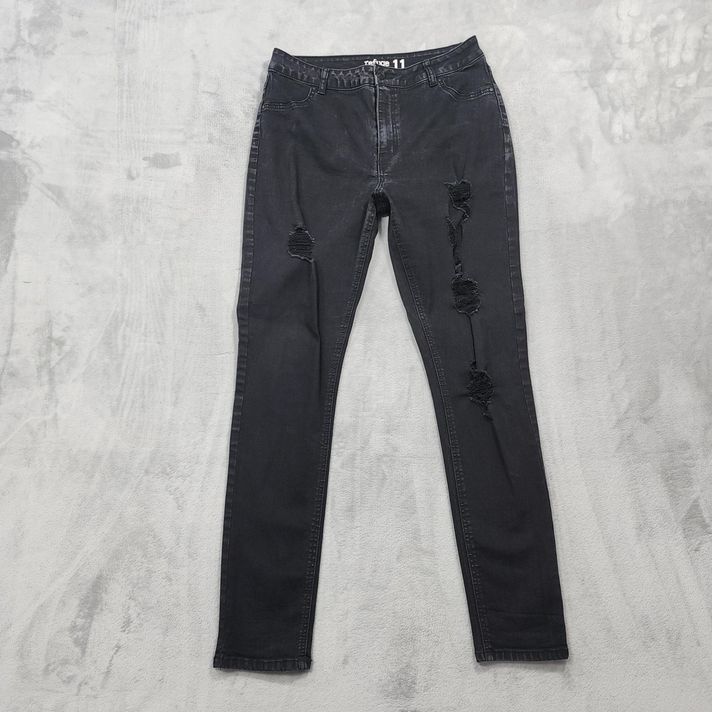 Refuge Jeans Womens 11 Juniors Black Madrid Mid Rise Distressed Jegging Denim